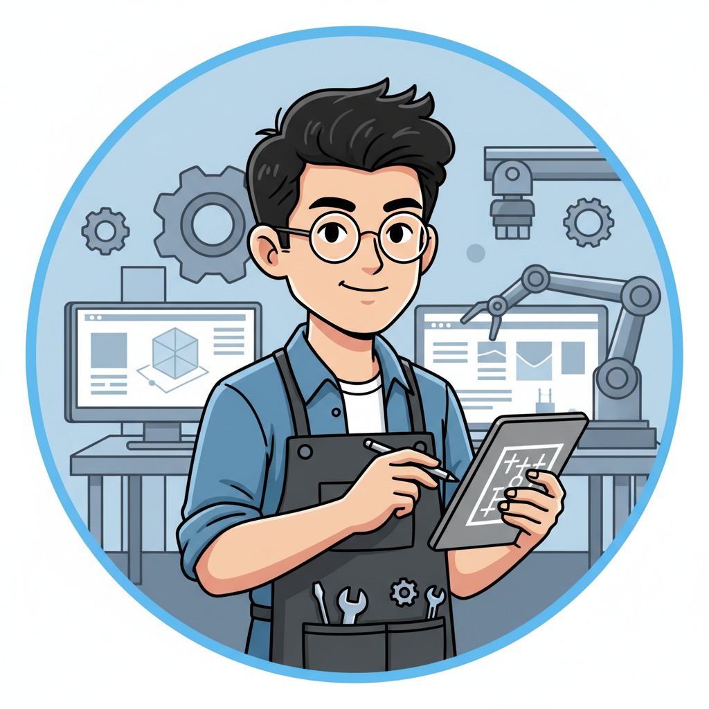 An illustrated man wearing glasses and an apron holds a tablet and stylus in an engineering workshop with computers and robotic arms.